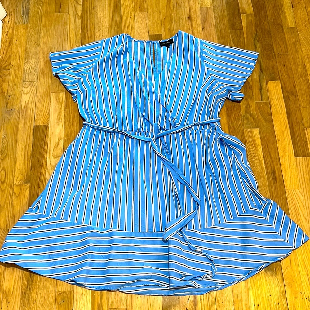Blue Faux-Wrap Fit & Flare Dress